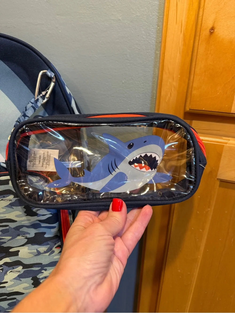 Kids Blue Shark Backpack with Clear Shark Pouch Lunch Box Shark Charm 4 pieces